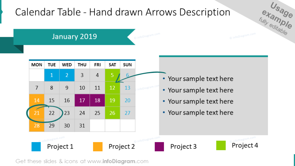 Calendar table with hand drawn arrows and text description