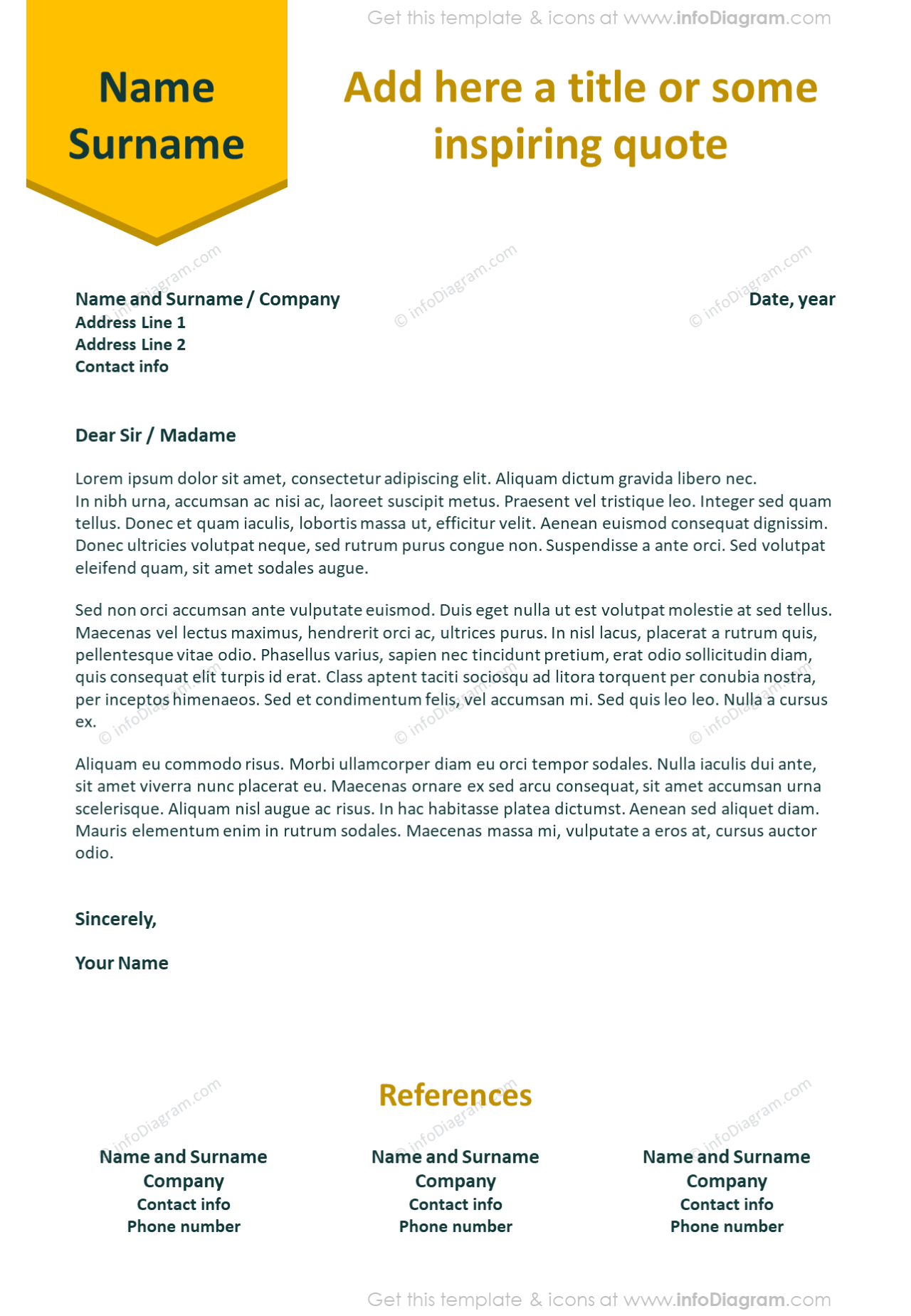 Vivid bookmark stripe visual cover letter template with references