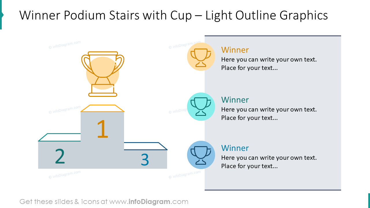 Winner podium stairs and cup illustrated with outline graphics