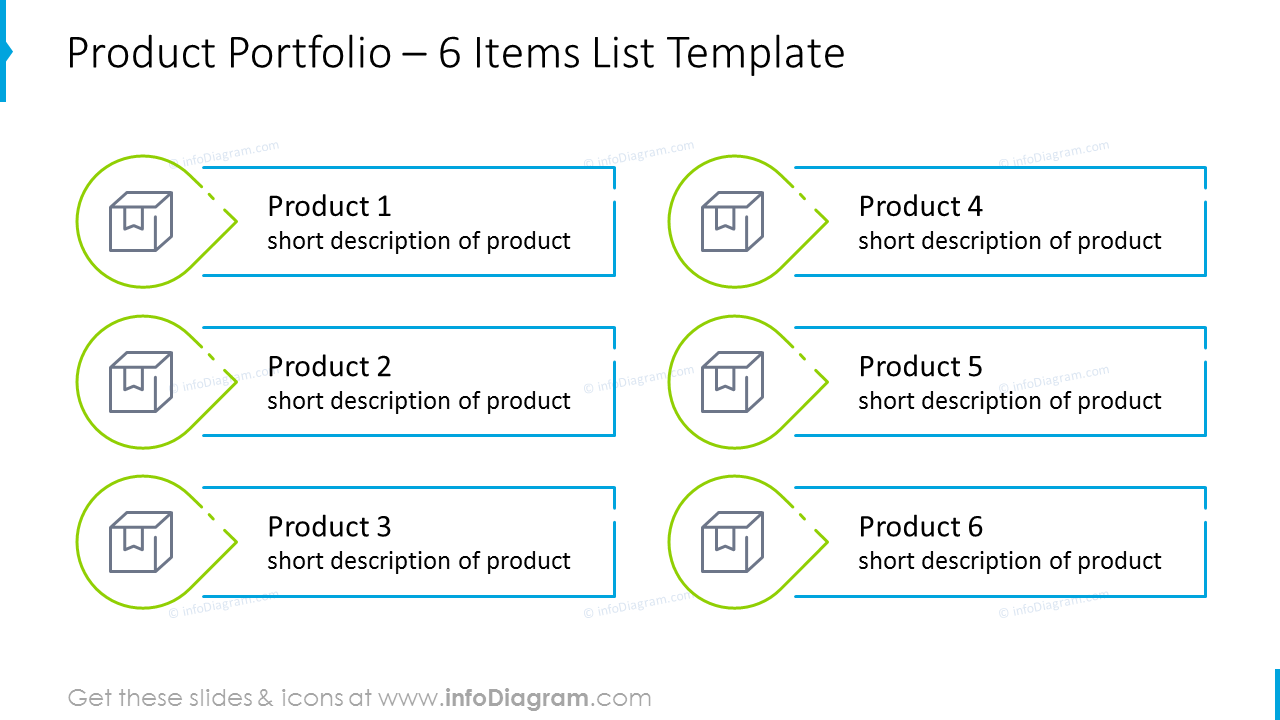 Six items product portfolio list with icons