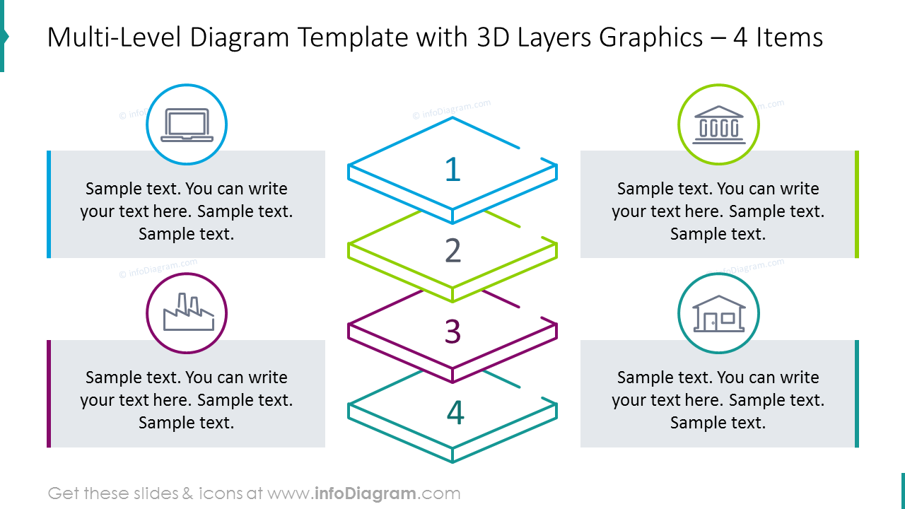 Four items 3D layers diagram with icons and text description