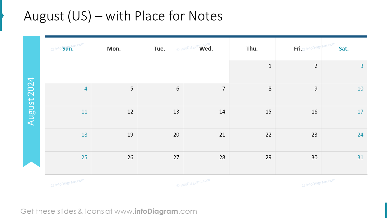 August (US) – with Place for Notes