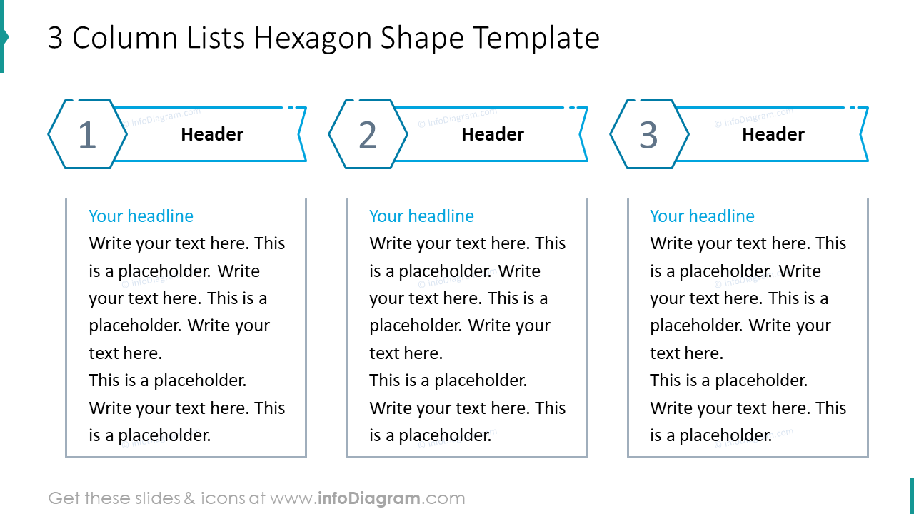 Three column lists hexagon shape example