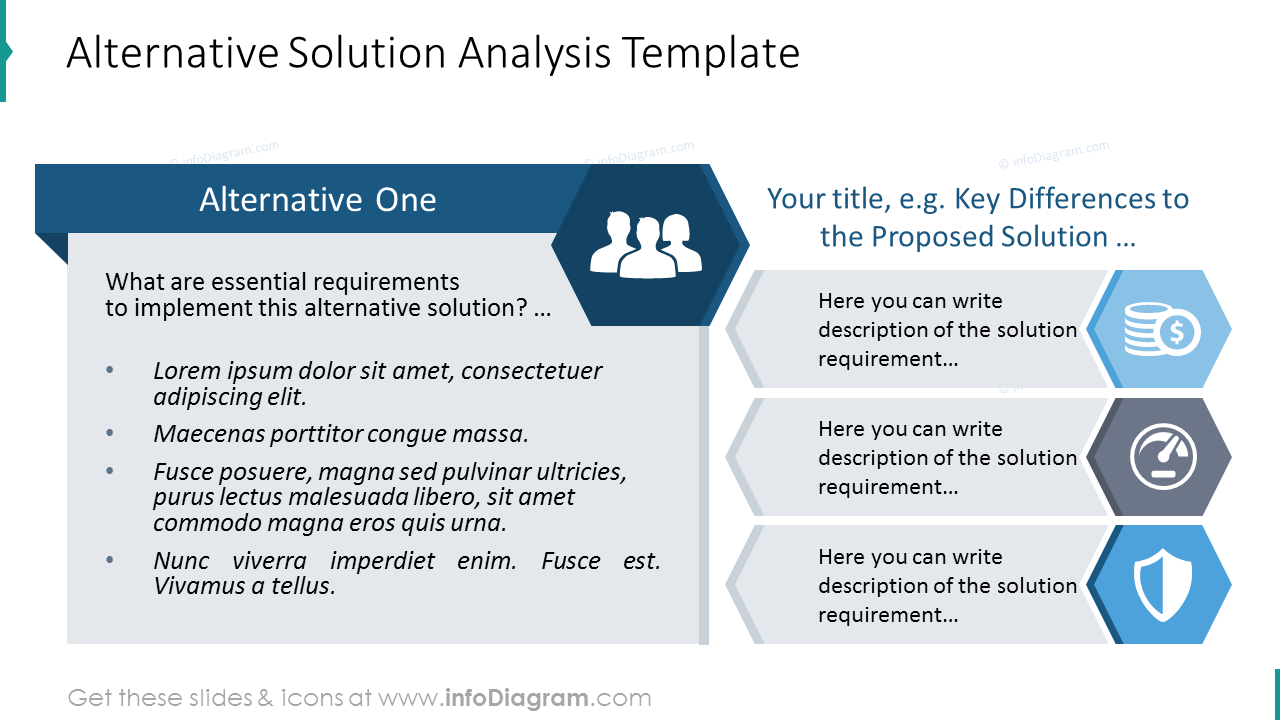 Alternative solutions analysis list diagram with bullet point description