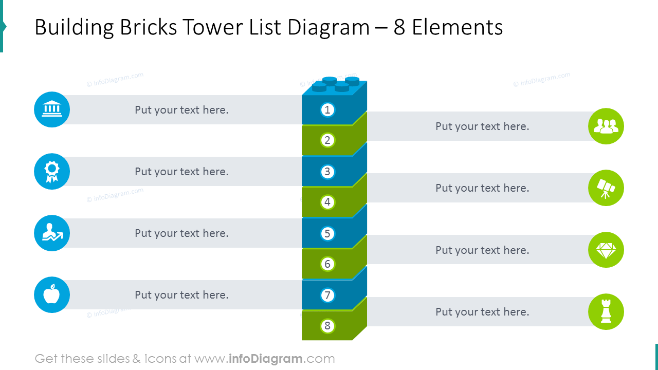 Building bricks tower list diagram shown with 8 stages