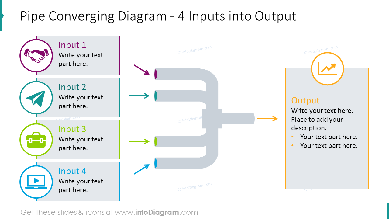 Pipe converging graphics for 4 inputs/ outputs process with flat icons