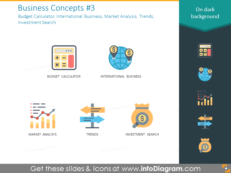 Business icons: calculator, trends, investment search, market analytics