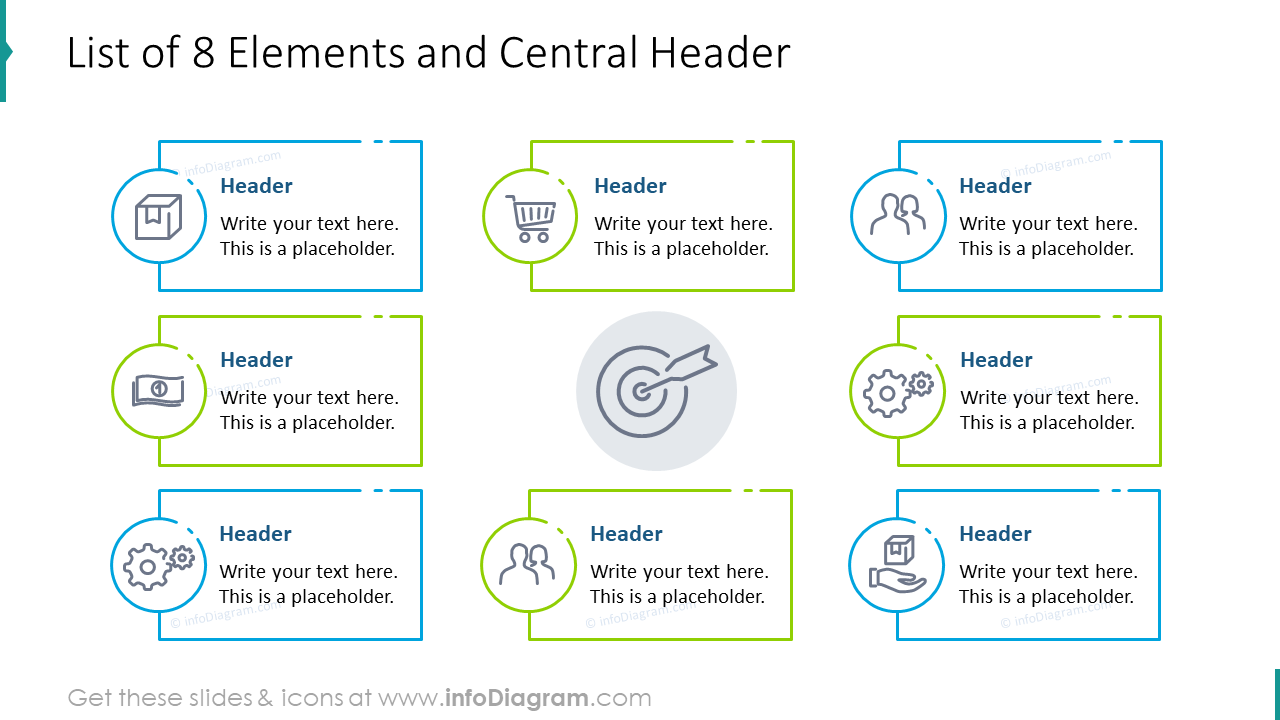 List of eight elements and central header