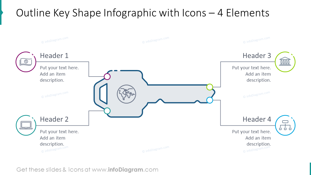 Outline key shape graphics with icons for four items