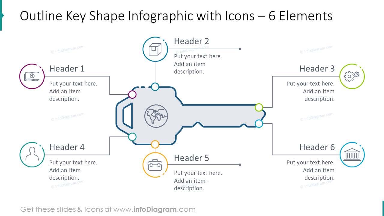 Outline key shape graphics with icons for six items