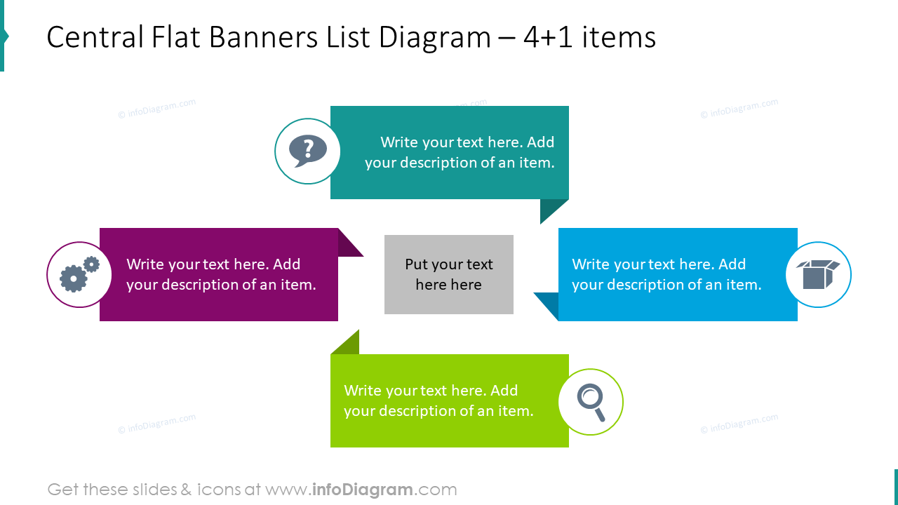 Central flat banners list diagram for 4+1 items