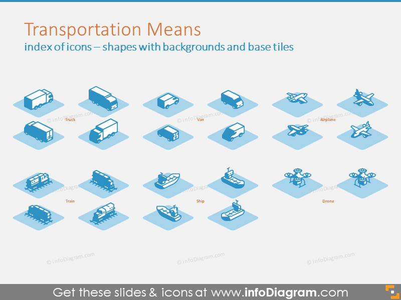 Transportation Means 3D shapes with backgrounds and base tiles