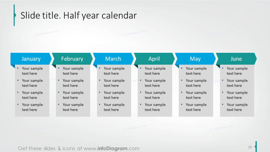 Example of half a year calendar with description to each month