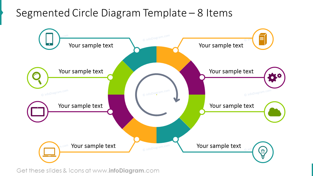 Segmented circle diagram for 8 items illustrated with flat icons  