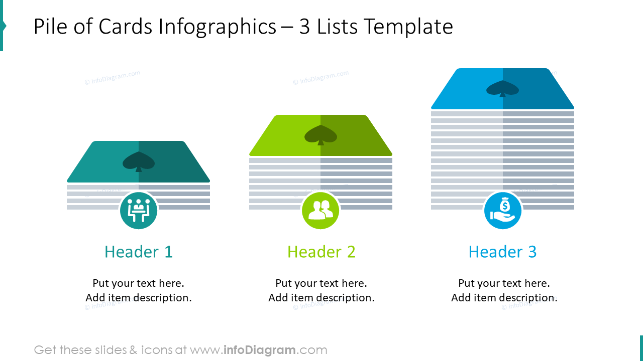 Pile of cards infographics showed with 3 lists example