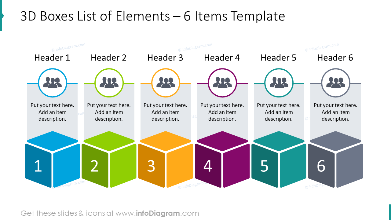 3D boxes list designed for 6 elements with human icons