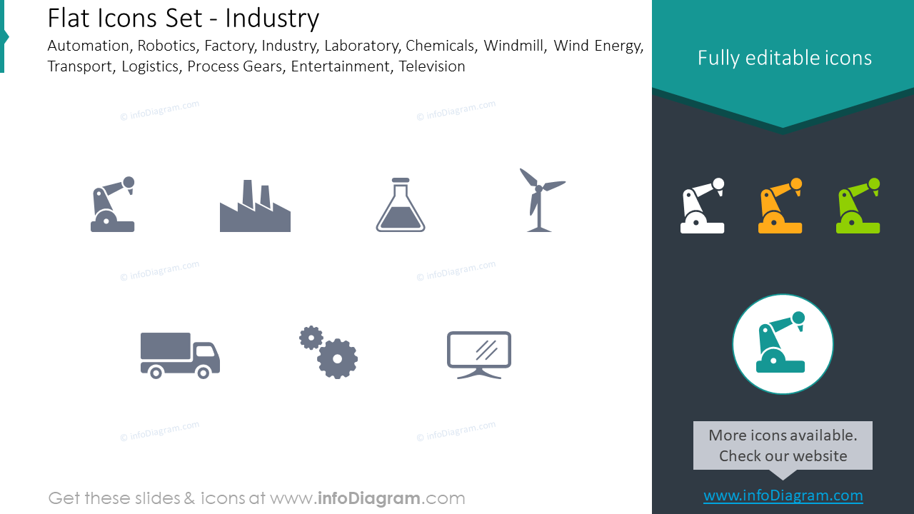 Flat icons set: industry automatization, robotics, factory, industry