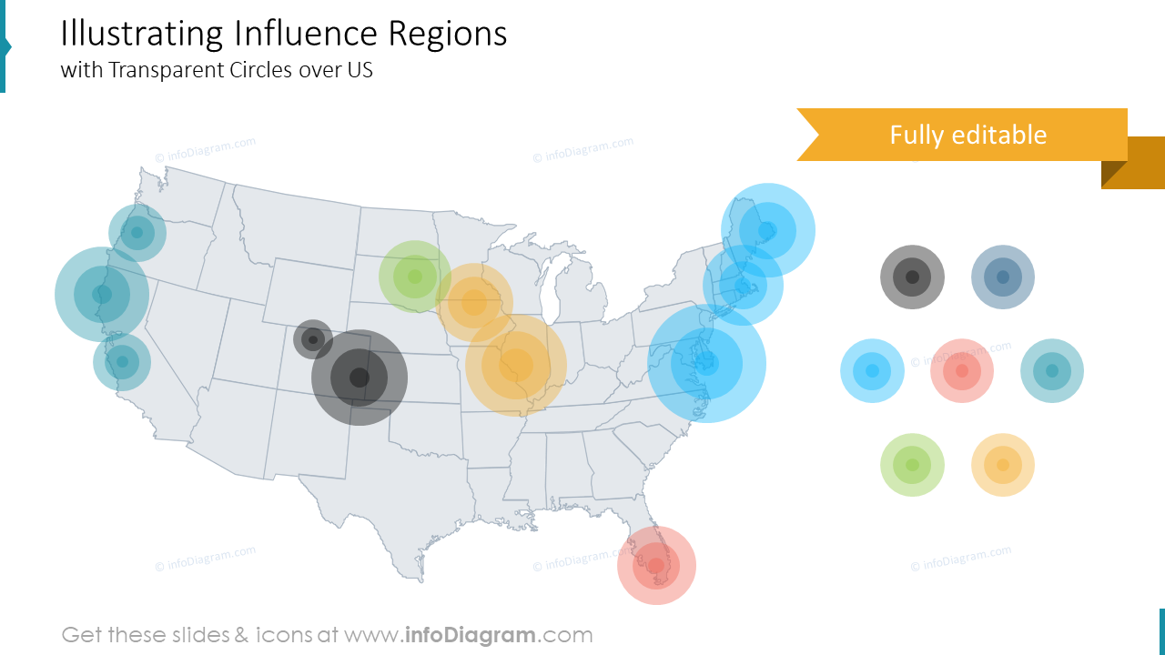 USA map influence region circle area powerpoint