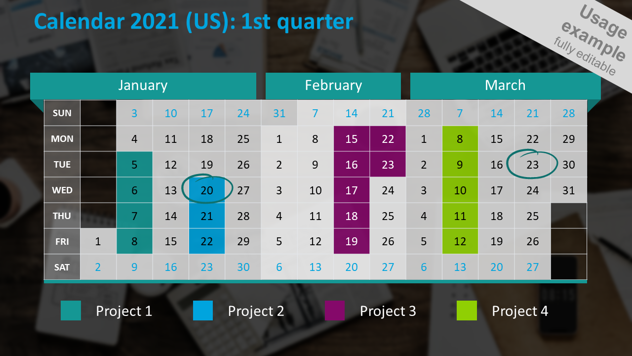 Calendars 2021 timelines graphics US format (PPT tables and icons)