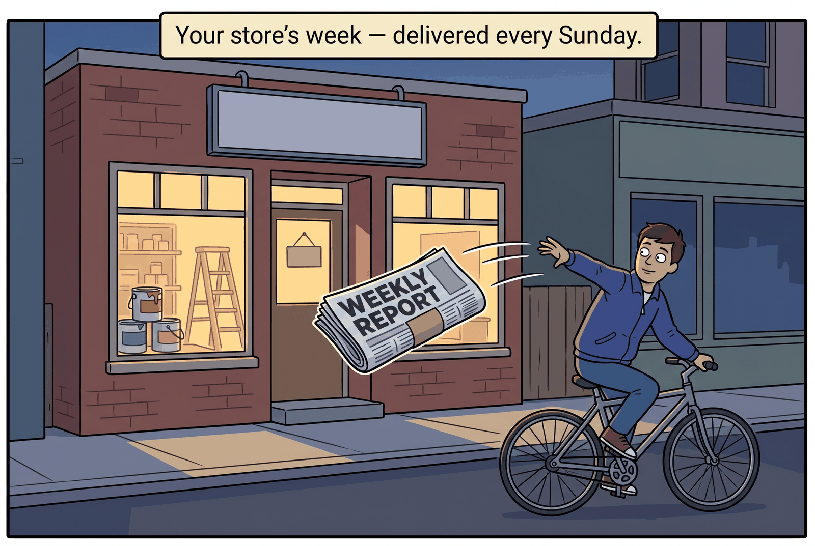 Comic: a paperboy on a bicycle tosses a rolled newspaper labeled "Weekly Report" onto a hardware store's doorstep at dusk — your store's week, delivered every Sunday