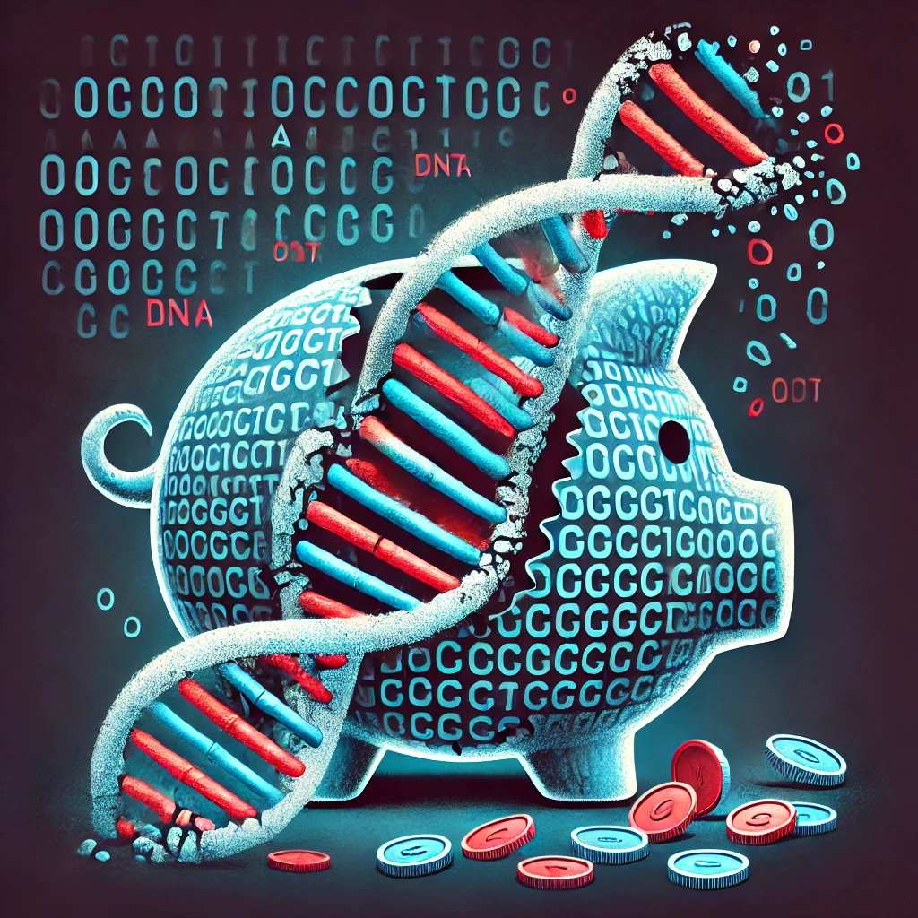 broken piggy bank with genome code