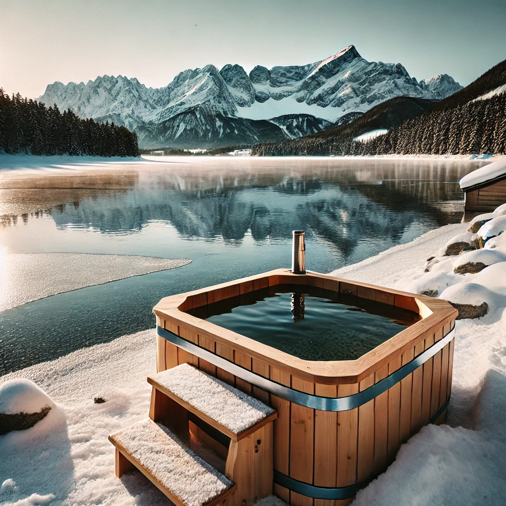 Picture of a cold plunge with a mountain in the background