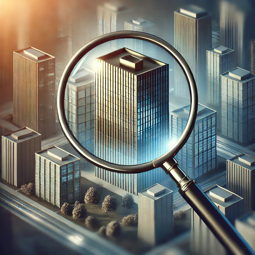 Magnifying glass hovering over building