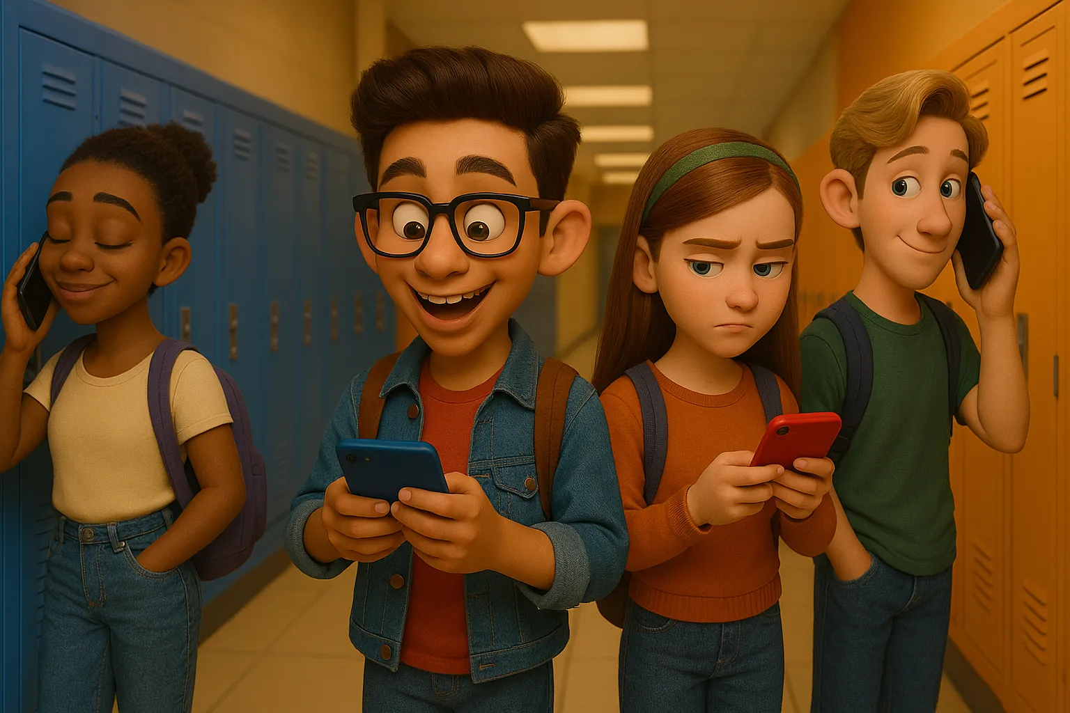 4 high school kids on their cell phones
