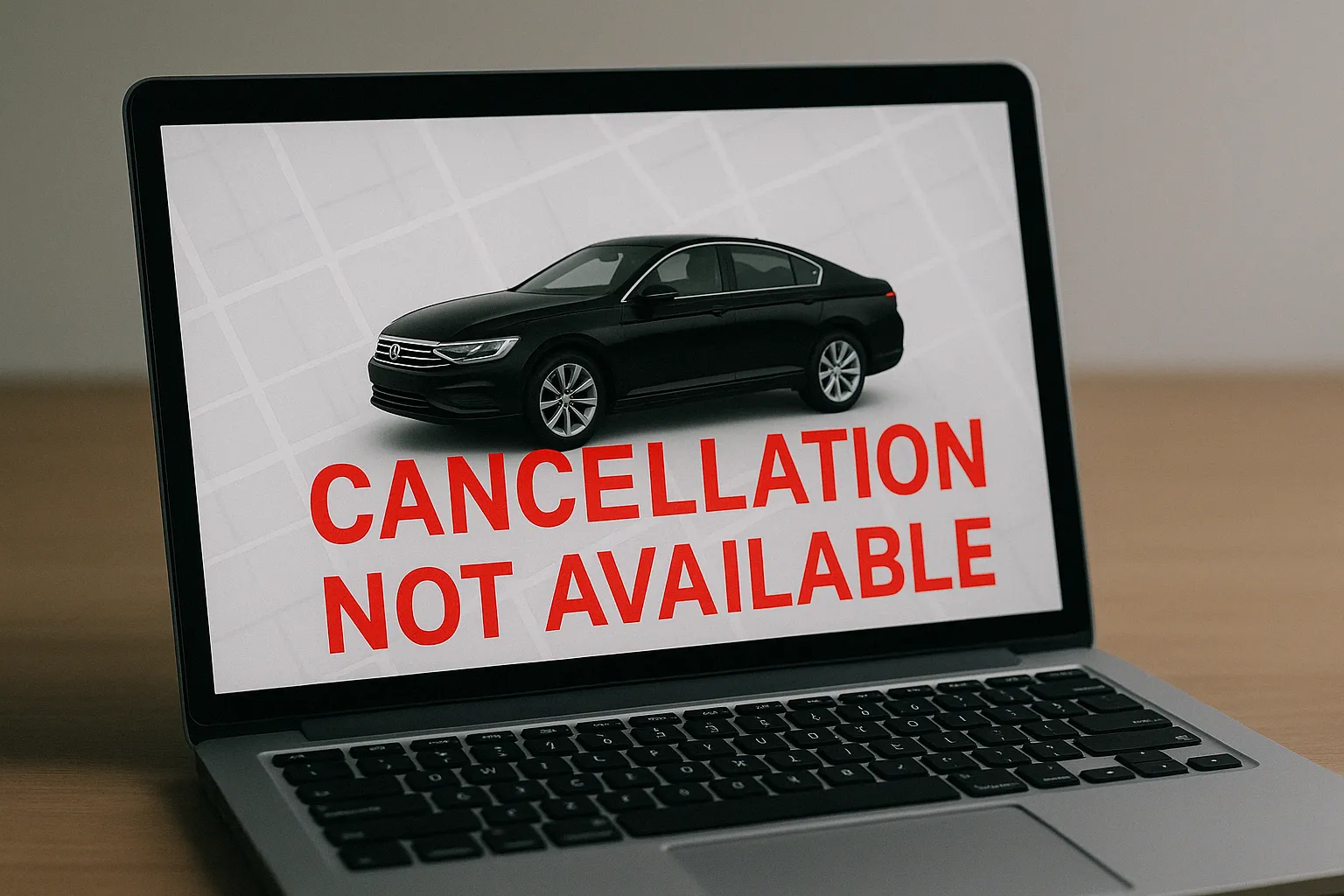 laptop that has a black car on it and says cancellation not available.