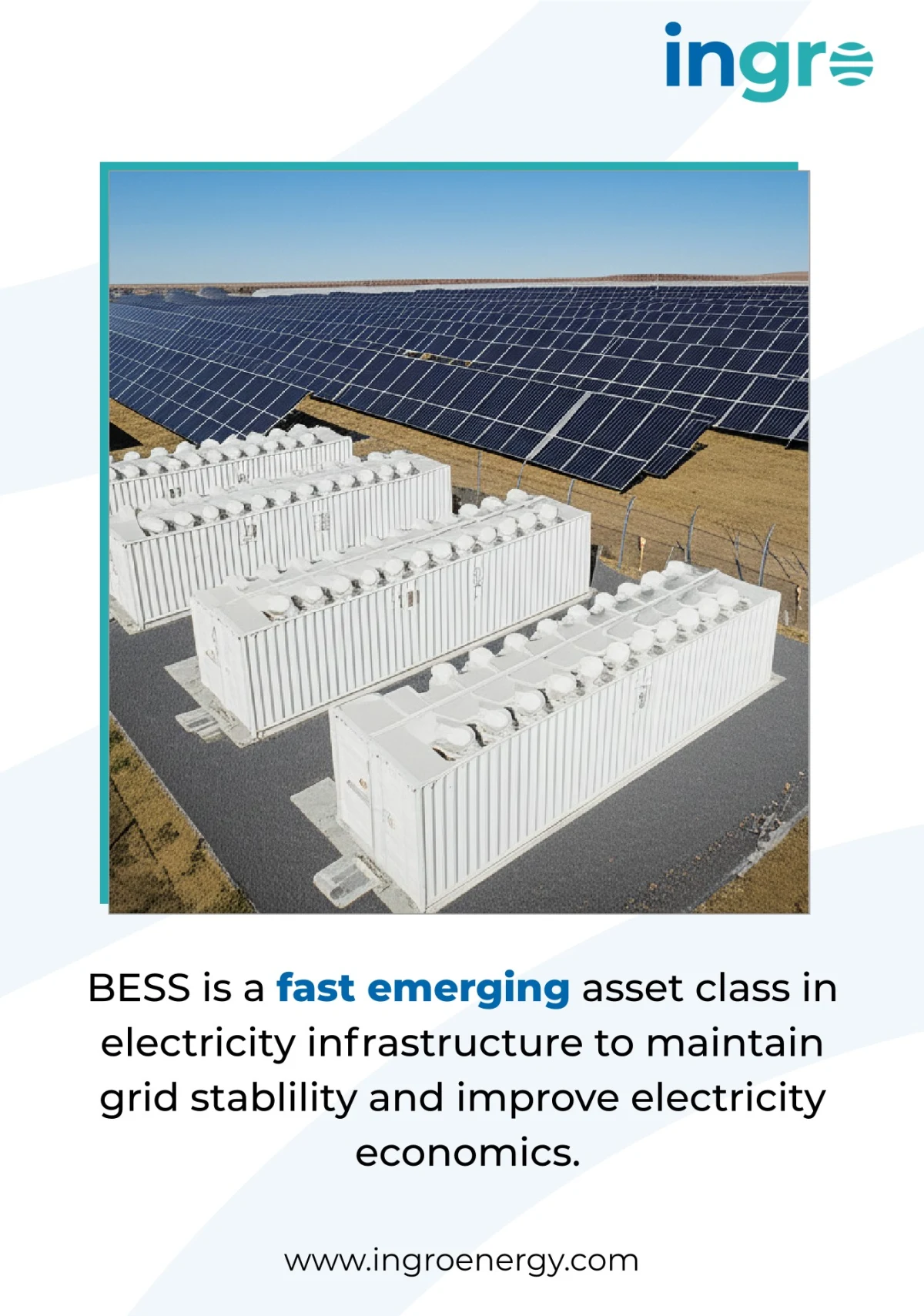 Grid-scale BESS containers alongside a utility solar farm.
