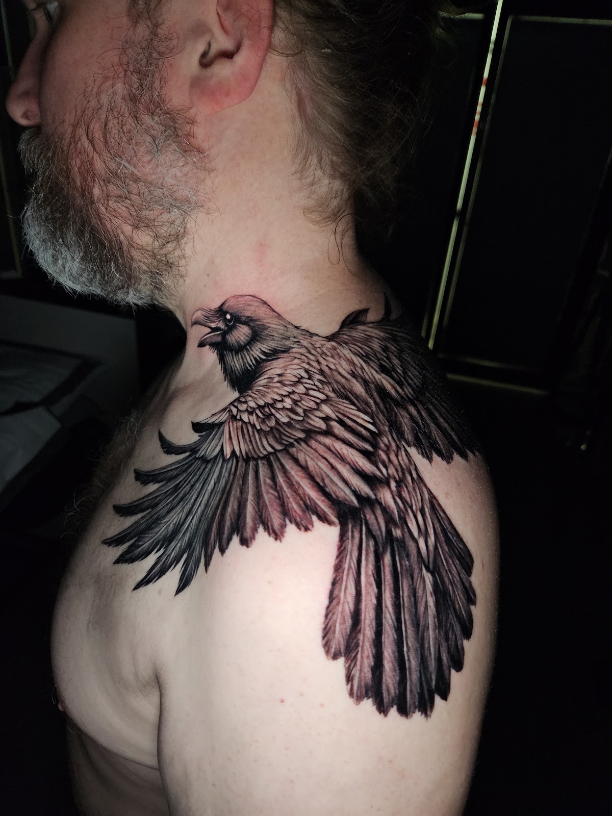 A detailed black and grey raven tattoo with intricate feather detail on the upper arm.