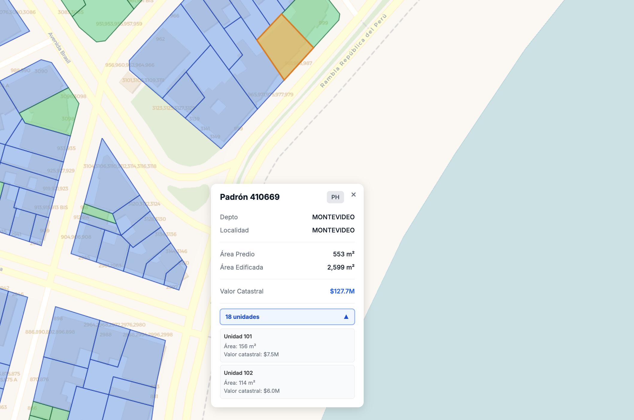 Panel de detalles mostrando unidades de un edificio