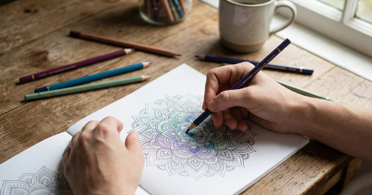 Person relaxing while coloring a mandala pattern with colored pencils, demonstrating stress relief benefits