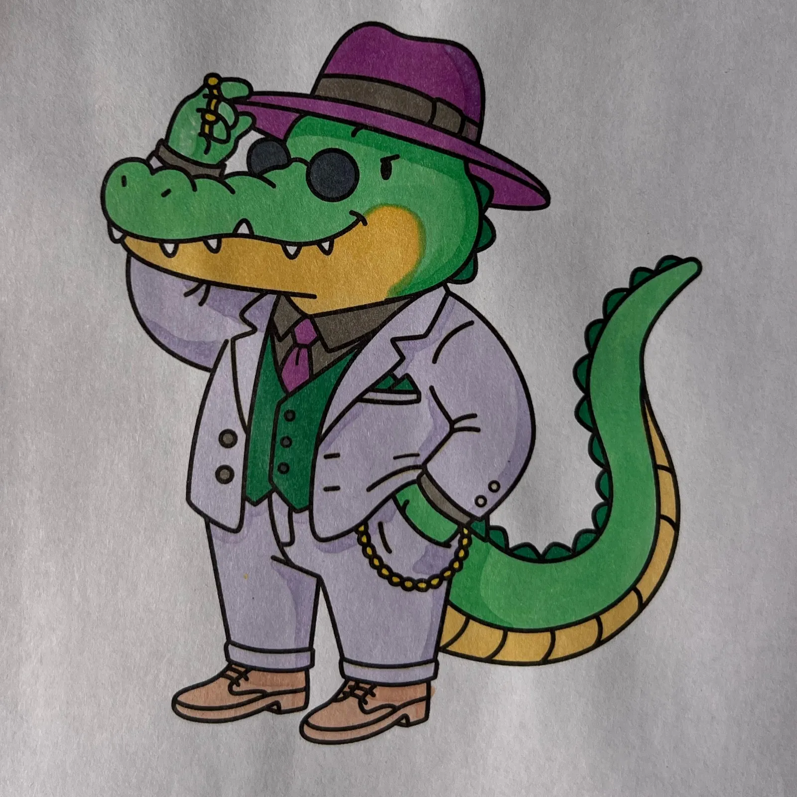 Colored drawing of a cartoon gangster crocodile in a purple fedora, dark sunglasses, lavender suit, green vest, and gold chai
