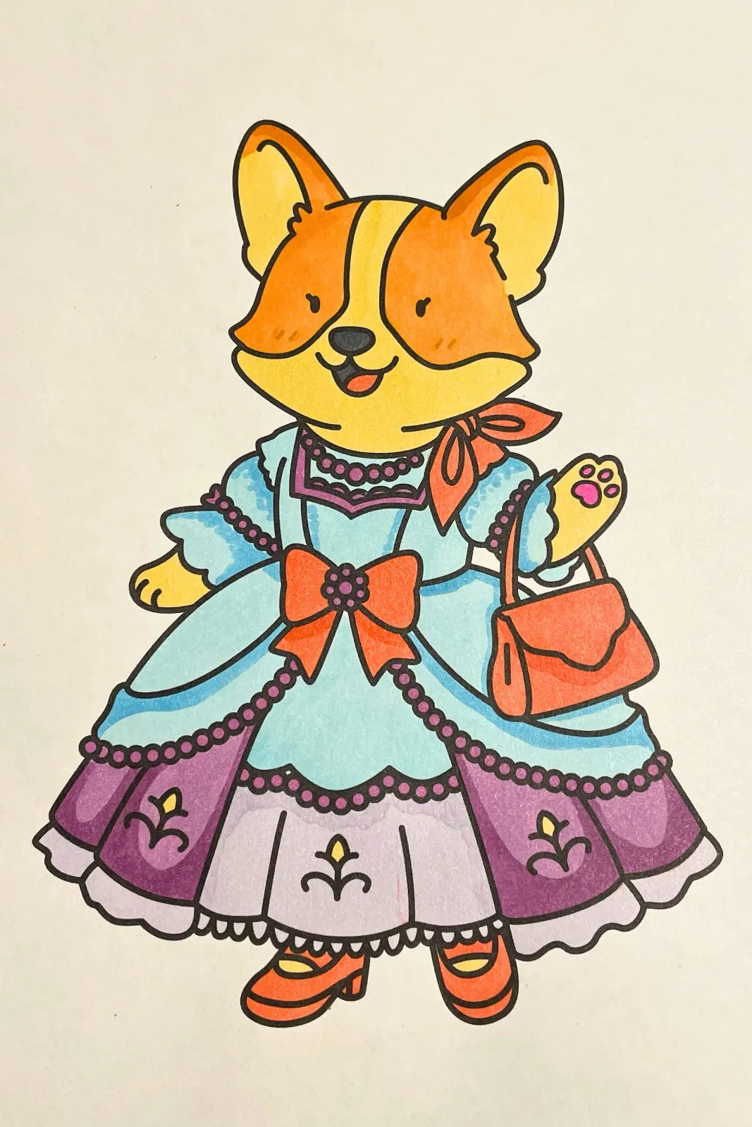 Colored Corgi wearing a light blue and purple Victorian gown with orange bows, shoes, and a handbag, smiling brightly.