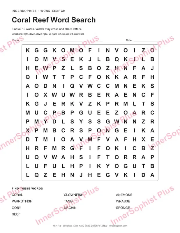 Printable 15x15 coral reef word search puzzle grid with hidden marine words and answer key.
