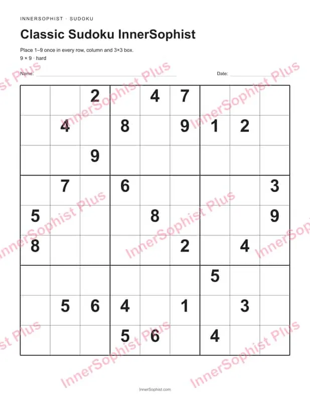 Printable hard 9x9 classic Sudoku puzzle grid featuring 180-degree rotational symmetry.