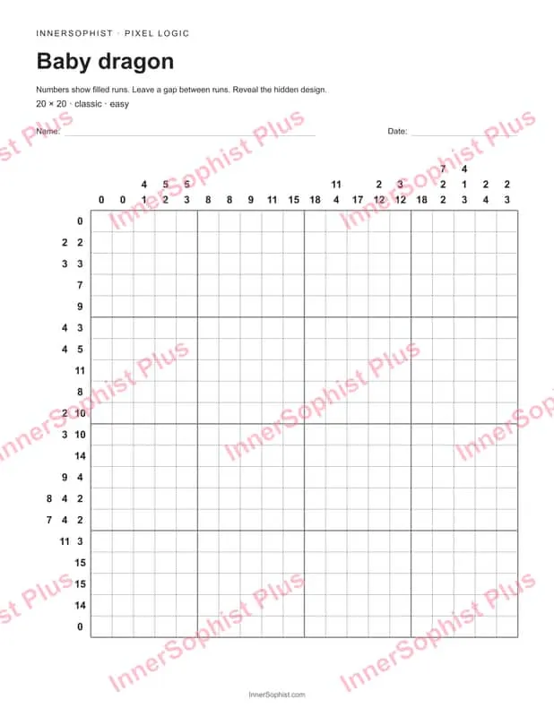 Grid preview of the 20x20 Baby dragon classic nonogram puzzle with row and column clues