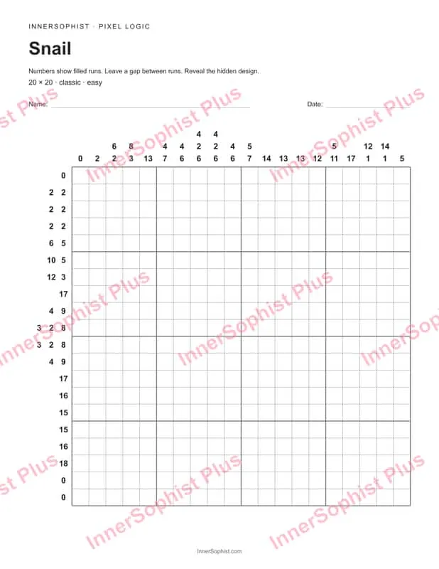 Grid preview for the 20x20 easy classic Snail nonogram puzzle