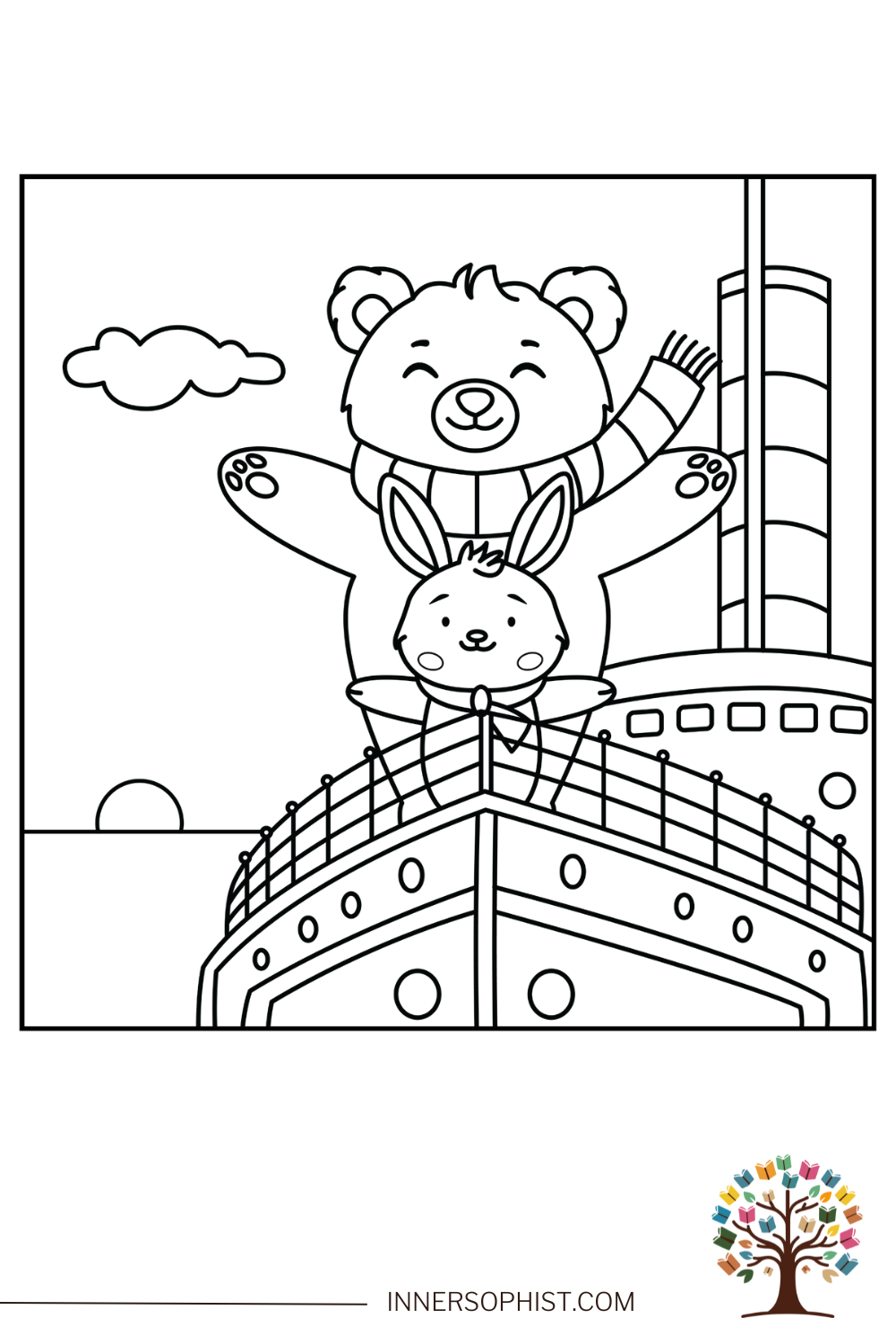 Bear and Bunny on Ship Coloring Page