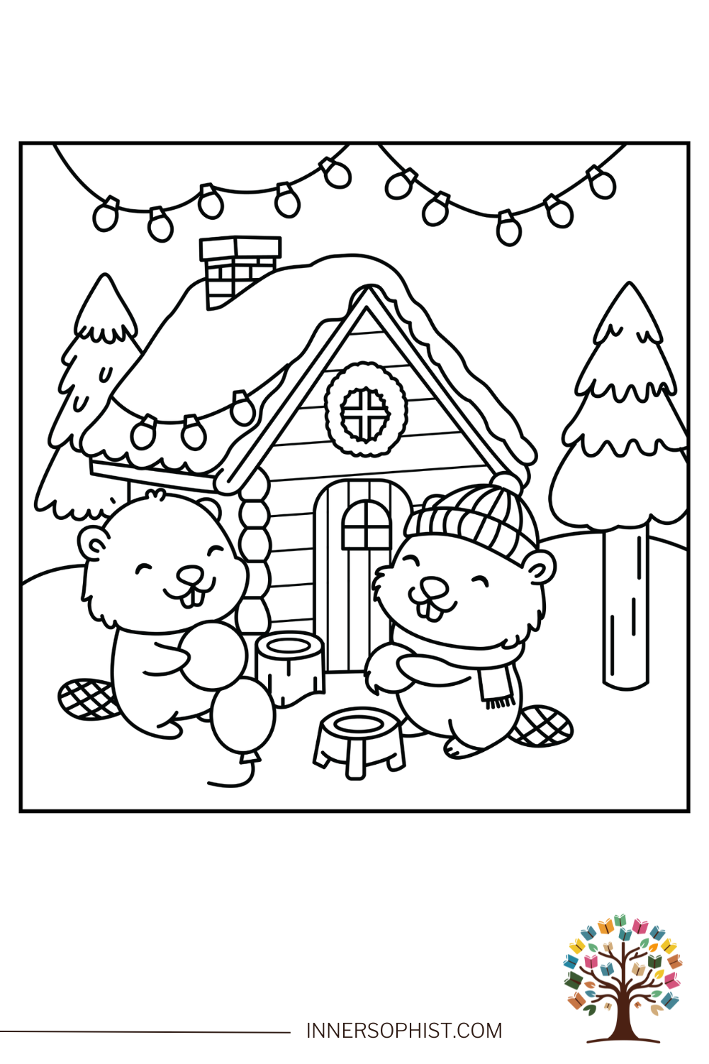 Beavers in Winter Coloring Page
