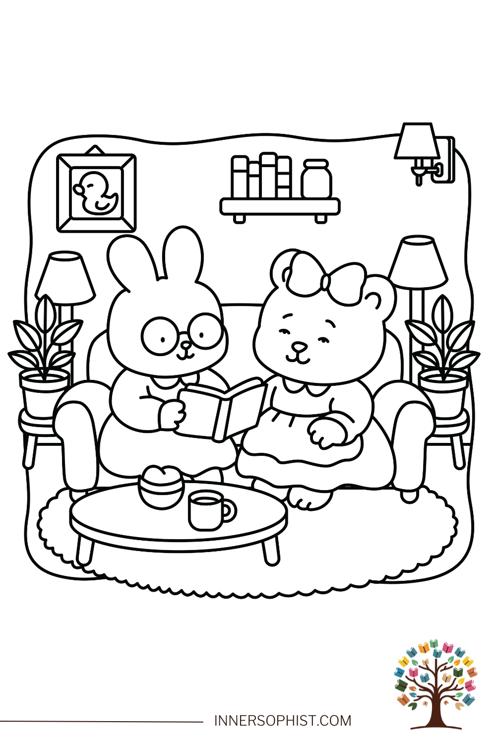 Bunny and Bear Reading - Cozy Story Time Coloring Page