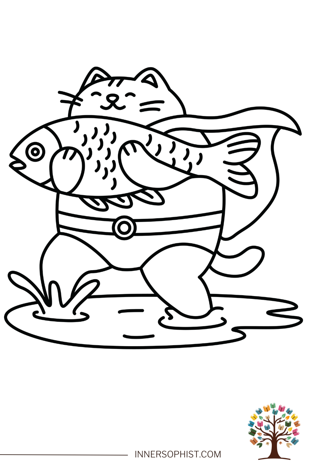 Cat Catching Fish Coloring Page
