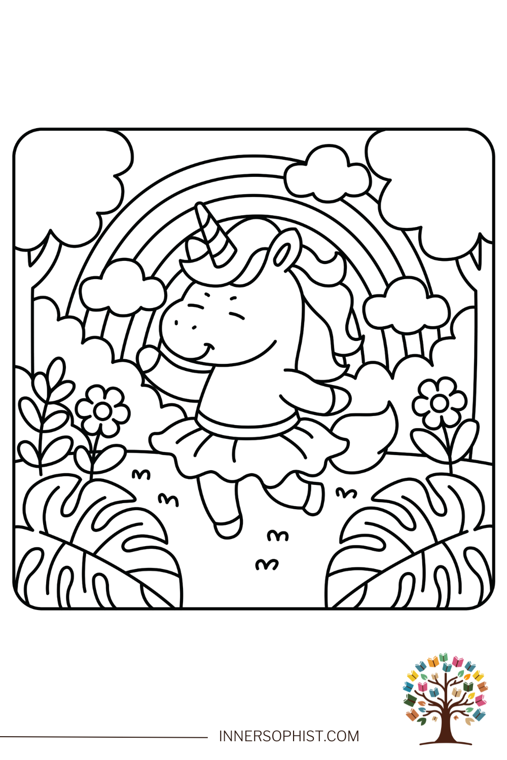 Dancing Unicorn and Rainbow - Magical Garden Coloring Page