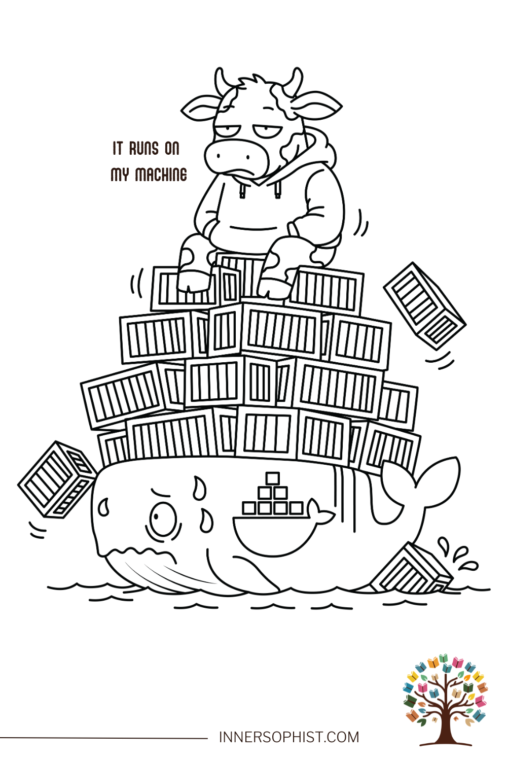 Docker whale look-alike struggling under shipping containers with smug cow on top and IT RUNS ON MY MACHINE text DevOps developer meme coloring page