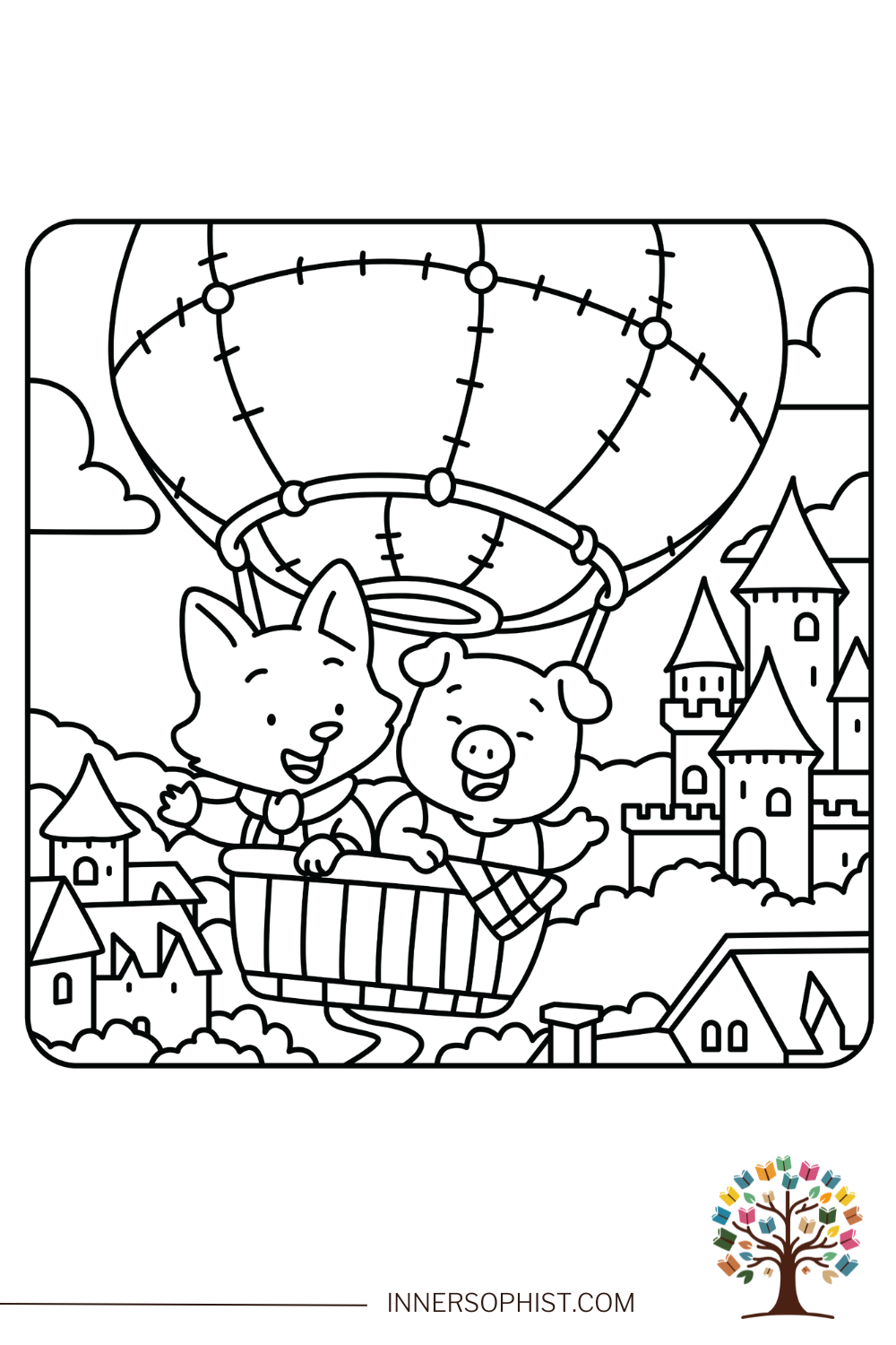 Fox and Pig Hot Air Balloon Coloring Page