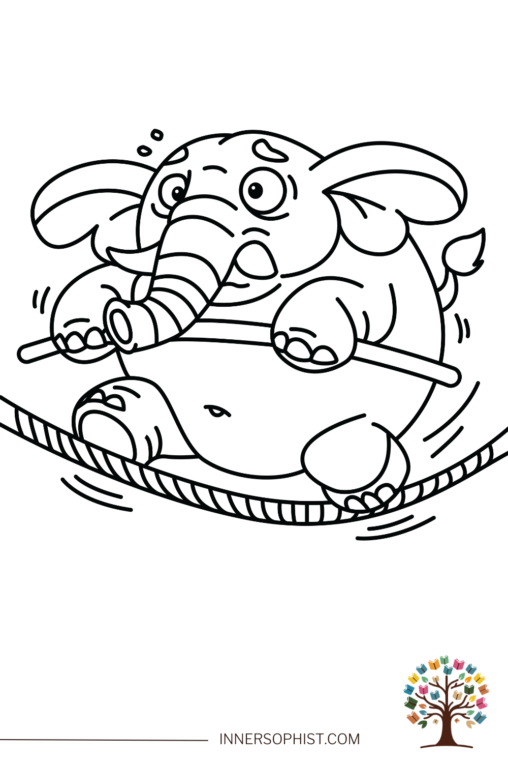 Funny Elephant on Rope - Coloring Page