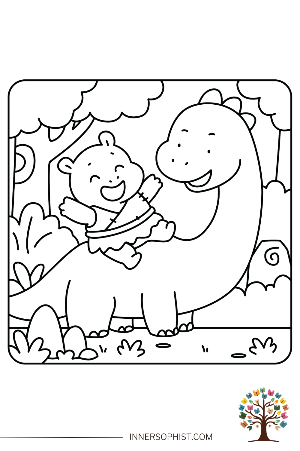 Happy Hippo Riding Dinosaur Coloring Page