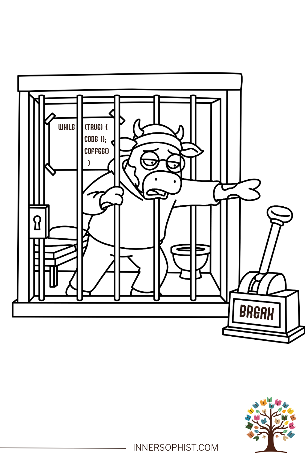 Developer cow trapped in jail cell infinite while true loop reaching for BREAK lever programmer meme coding humor coloring page