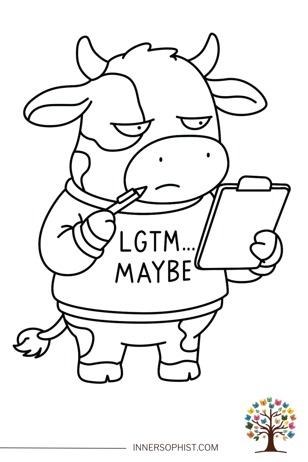 Skeptical developer cow wearing LGTM MAYBE shirt holding clipboard doing code review programmer meme coloring page for software engineers